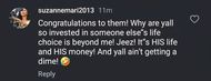 Instagram user's comment on Hunter and Lenee's marriage